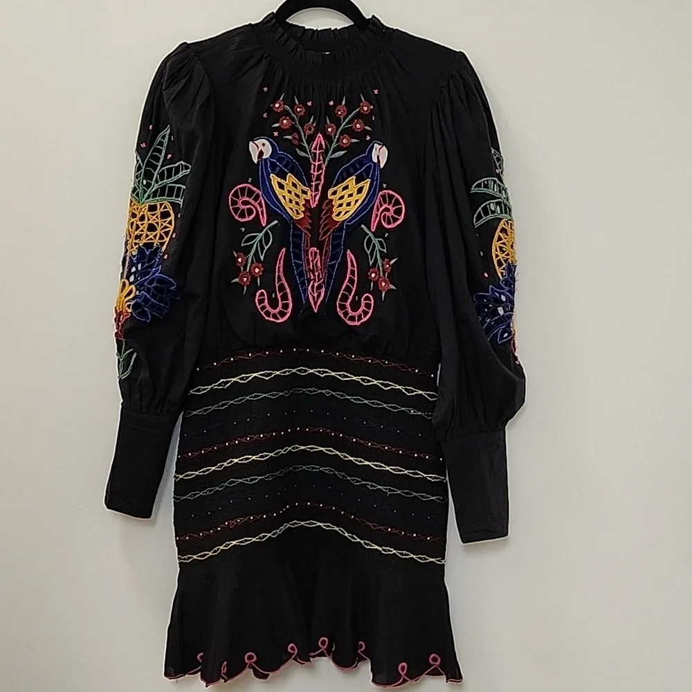 FarmRio Embroidered Puffsleeve  Black Dress Colorful Parrot Design Romantic Sz M - Picture 6 of 16